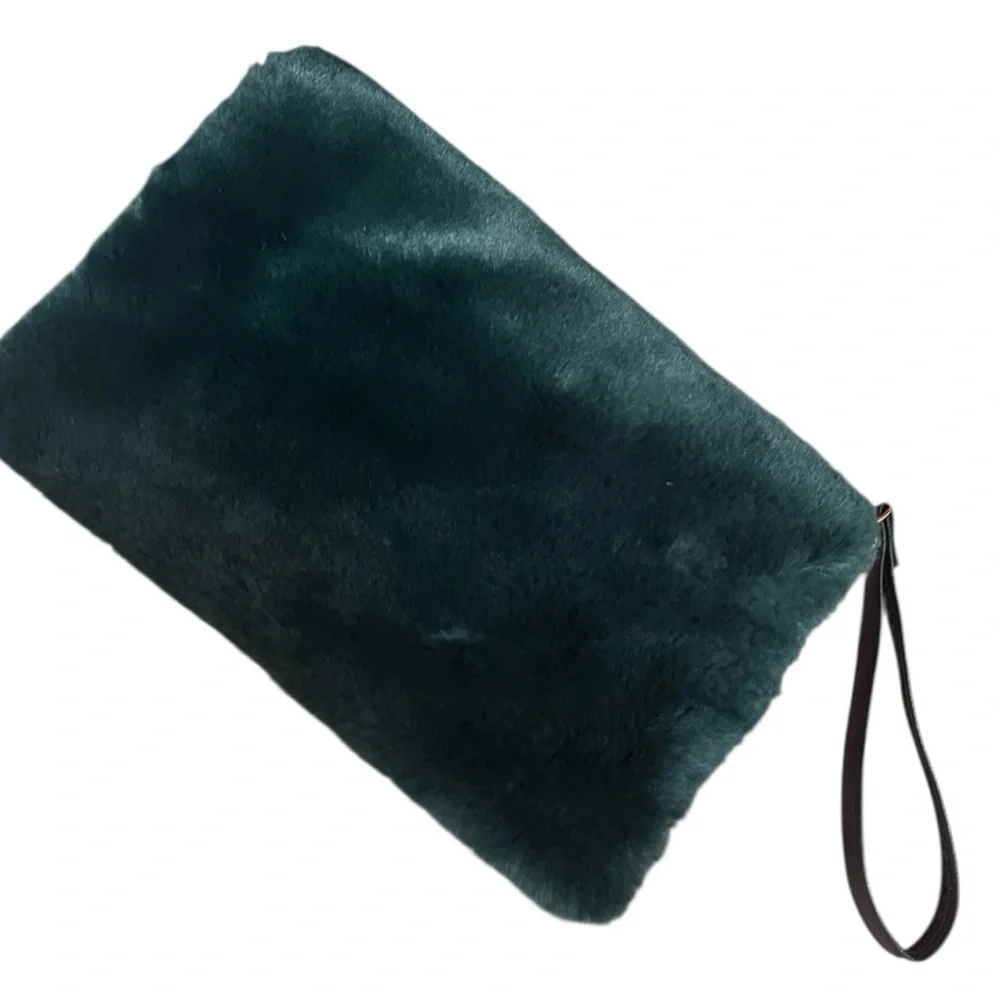 Faux Fur Purse Wristlet Deep Forest Green with Crossbody potential. EUC
